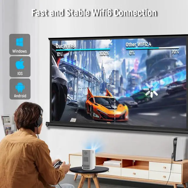 Alt view image 7 of 7 - Projector 4K with WiFi and Bluetooth, Portable Projector with Sensorless Auto Focus, Outdoor Movie Projector 120'' Screen Compatible with HDMI/USB/Smartphone/PC/Laptop