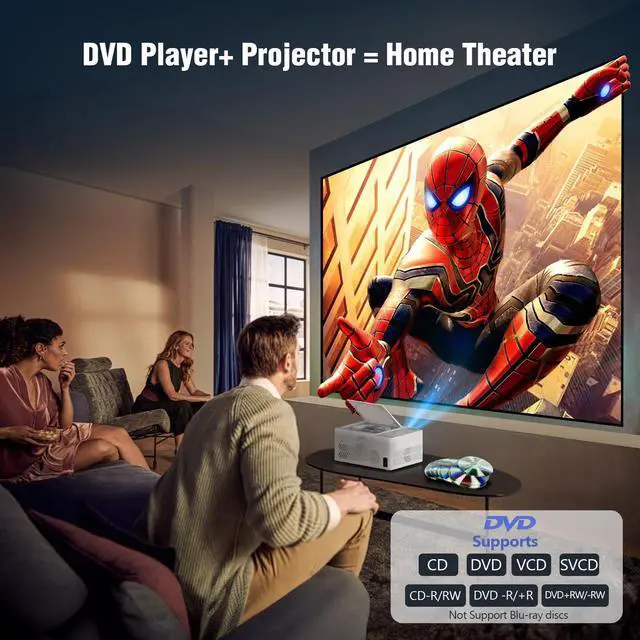 Alt view image 2 of 7 - Bluetooth Projector with DVD Player Built in, 1080P Mini Projector, Portable DVD Projector for Outdoor Movies, Compatible with Smartphone/PC/TV Stick/HDMI/USB/TF