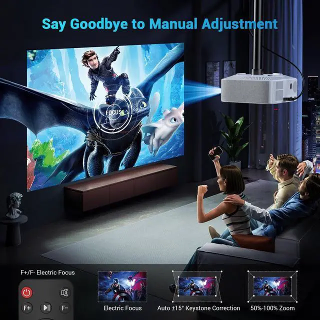 Alt view image 3 of 7 - Portable Mini Projector with Electric Focus,  Full HD 1080P Projector, Bluetooth Movie Projector with Auto Keystone, Two-Way Bluetooth, Ideal for Indoor Outdoor Use, White
