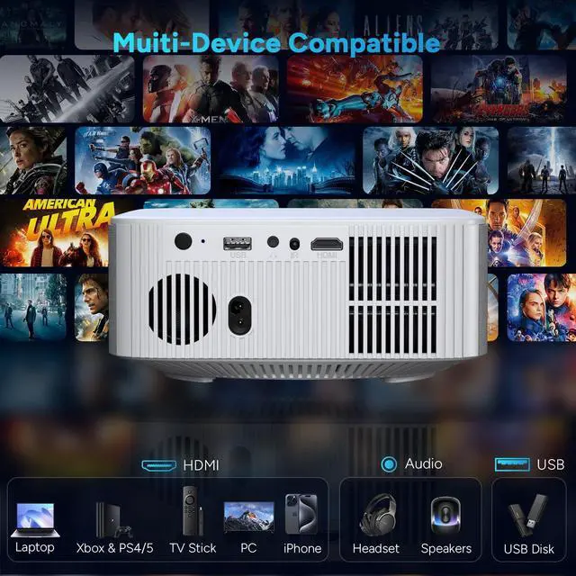 Alt view image 7 of 7 - Portable Mini Projector with Electric Focus,  Full HD 1080P Projector, Bluetooth Movie Projector with Auto Keystone, Two-Way Bluetooth, Ideal for Indoor Outdoor Use, White