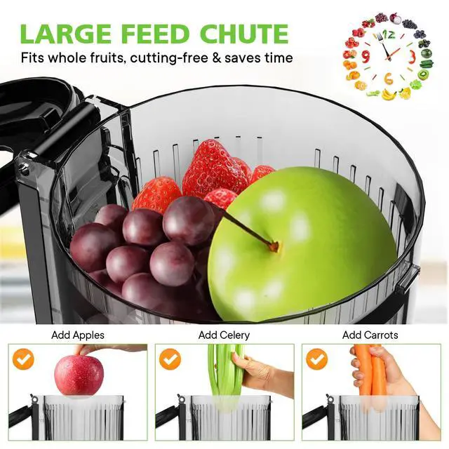 Alt view image 2 of 7 - Cold Press Juicer, Juicer Machines with 5.3" Wide Feed Chute, Masticating Juicer for Whole Vegetables & Fruits, Juice Extractor Machine Easy to Clean, Black