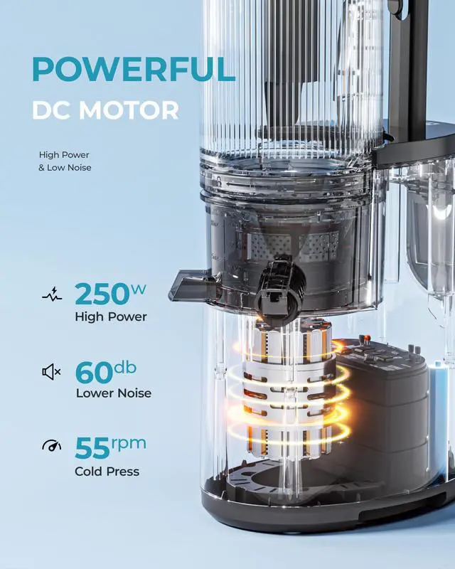 Alt view image 7 of 7 - Cold Press Juicer,  5.5" Extra Large Feed Chute Slow Masticating Juicer, 250W Juicer Machines, 99.6% High Juice Yield, Easy to clean, Reverse Function, for Whole Vegetables & Fruits. Sliver