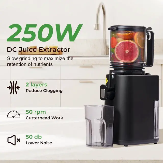 Alt view image 3 of 7 - Masticating Juicer with 250W DC Motor, 5.4" Wide Feed Chute, Slow Cold Press Juice Extractor for Whole Fruits & Vegetables, High Juice Yield, DC-Black