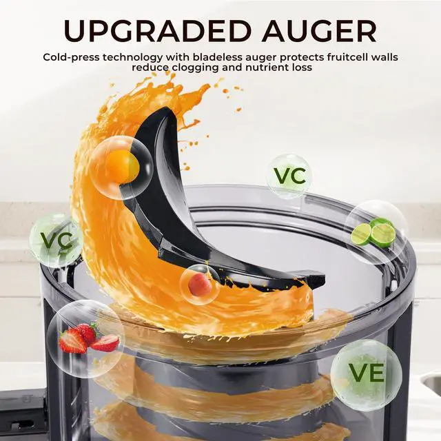 Alt view image 4 of 7 - Masticating Juicer with 250W DC Motor, 5.4" Wide Feed Chute, Slow Cold Press Juice Extractor for Whole Fruits & Vegetables, High Juice Yield, DC-Black