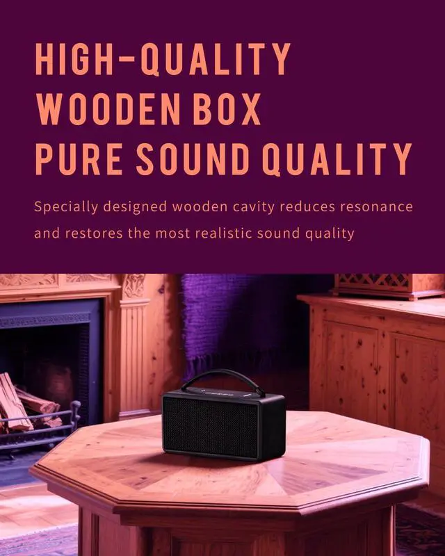 Alt view image 4 of 7 - Portable Bluetooth Speaker: 80W (Peak), 20H Playtime, Loud Wireless Wood Speakers with Bass, AUX and USB Input, Subwoofer, TWS Pairing, Vintage Speaker for Outdoor, Home, Office (Black)
