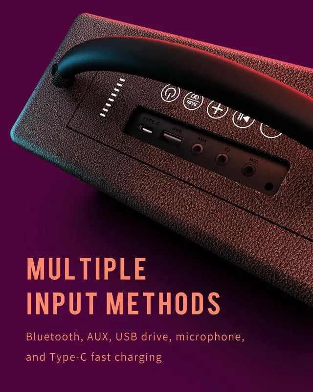 Alt view image 7 of 7 - Portable Bluetooth Speaker: 80W (Peak), 20H Playtime, Loud Wireless Wood Speakers with Bass, AUX and USB Input, Subwoofer, TWS Pairing, Vintage Speaker for Outdoor, Home, Office (Black)