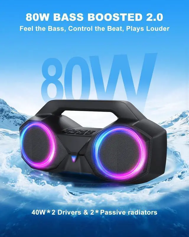 Alt view image 2 of 7 - Bluetooth Speaker 80W(Peak)Loud with Bass, 20H Playtime, IPX7 Waterproof, RGB Lights, TWS, Large Portable Wireless Speakers for Outdoor, Home, Party, Pool, Beach, Tailgating, Gym, Work, Gifts (Black)