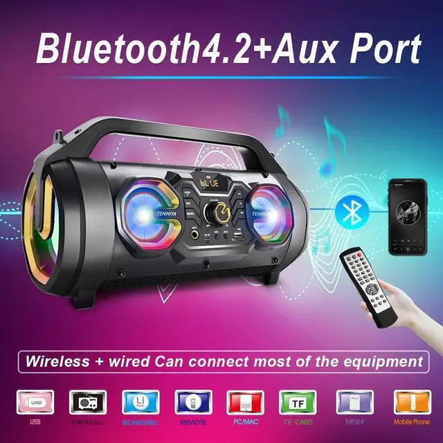 Alt view image 2 of 7 - Bluetooth Speaker, 30W Portable Bluetooth Boombox with Subwoofer, FM Radio, RGB Colorful Lights, EQ, Stereo Sound, Booming Bass, 10H Playtime Wireless Party Speaker for Home, Outdoor, Travel, Camping