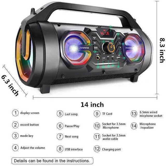 Alt view image 5 of 7 - Bluetooth Speaker, 30W Portable Bluetooth Boombox with Subwoofer, FM Radio, RGB Colorful Lights, EQ, Stereo Sound, Booming Bass, 10H Playtime Wireless Party Speaker for Home, Outdoor, Travel, Camping
