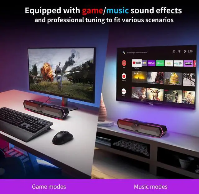Alt view image 5 of 7 - MG300 Computer Sound Bar: Loud Speakers with Deep Bass - Switch RGB Built-in Microphone for Gaming Speakers Wireless Bluetooth 5.3 & USB Adapter PC Sound Bar for Desktop