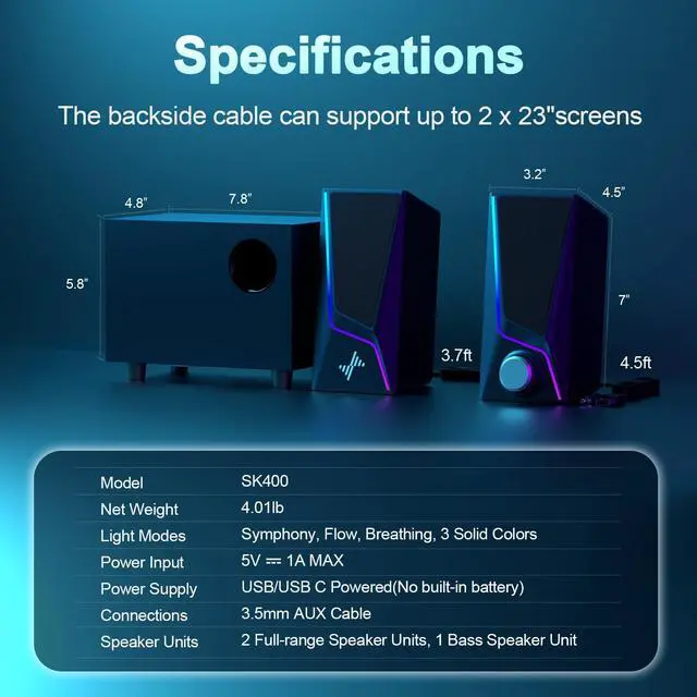 Alt view image 6 of 6 - Computer Speakers with Subwoofer, 2.1 Hi-Fi PC Speakers System with 6 Lighting Modes, Enhanced Bass, Plug and Play, USB/USB-C Powered and 3.5mm Aux in for Desktop, Monitor, Laptop, Tablet