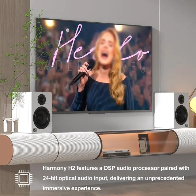 Alt view image 3 of 7 - Harmony H2 60W Desktop Speakers with DSP, Bluetooth 5.3, 24-Bit Optical, USB-C, AUX, Silk-Dome Tweeter, Carbon-Fiber Woofer, for Computer, PC Monitor, Gaming (White)