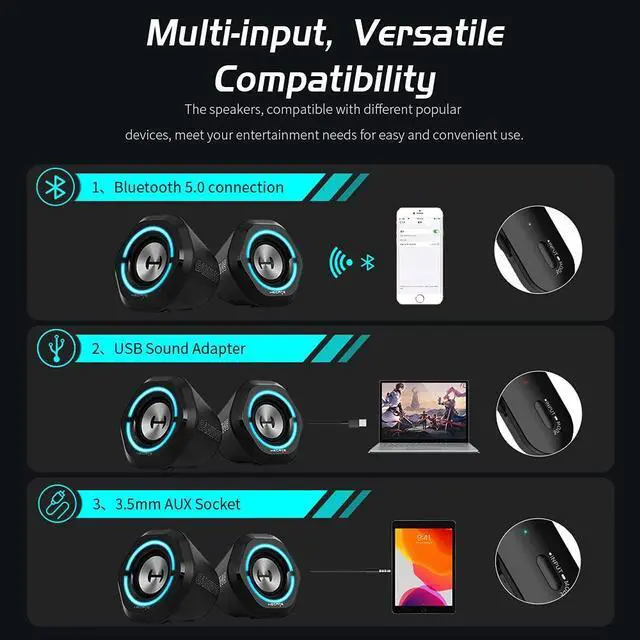 Alt view image 4 of 6 - Bluetooth 5.3 Gaming Speakers,10W PC USB Computer Speakers for Laptop Desktop 3.5mm aux Input Hecate G1000 Black