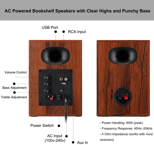 Alt view image 4 of 7 - 4-Inch Powered Bluetooth Bookshelf Speakers, Black 60W Active Home Audio System w/ Wooden Enclosure & RCA/AUX Inputs, Remote, for Turntable, Record Player, Desktop Computer, PC