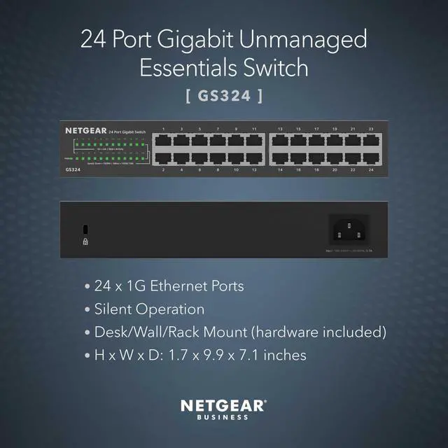 Alt view image 2 of 5 - 24-Port Gigabit Ethernet Unmanaged Essentials Switch (GS324) - Desktop, Wall, or Rackmount, Silent Operation