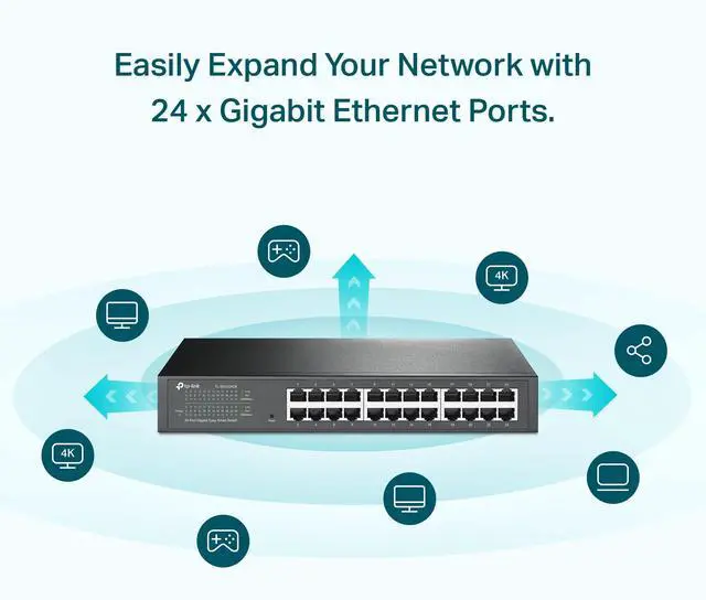 Alt view image 2 of 6 - 24 Port Gigabit Switch Easy Smart Managed Plug & Play Desktop/Rackmount Sturdy Metal w/ Shielded Ports Support QoS, Vlan, IGMP & LAG (TL-SG1024DE),Black