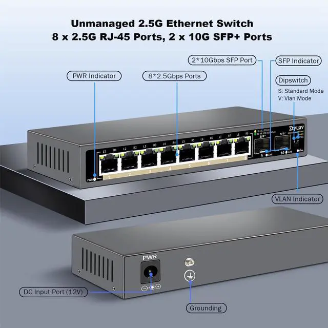 Alt view image 2 of 7 - 10 Port Unmanaged 2.5G Ethernet Switch with 8 x 2.5G RJ-45 Ports, 2 x 10G SFP+ Ports, Ports Speed Auto-Negotiation-100/1000/2500Mbps, One-Key VLAN, Fanless Metal Design, Plug & Play