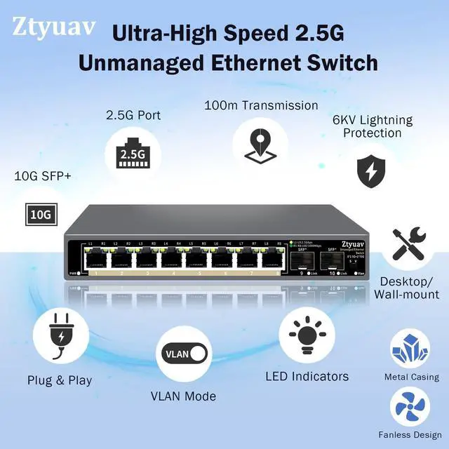 Alt view image 3 of 7 - 10 Port Unmanaged 2.5G Ethernet Switch with 8 x 2.5G RJ-45 Ports, 2 x 10G SFP+ Ports, Ports Speed Auto-Negotiation-100/1000/2500Mbps, One-Key VLAN, Fanless Metal Design, Plug & Play