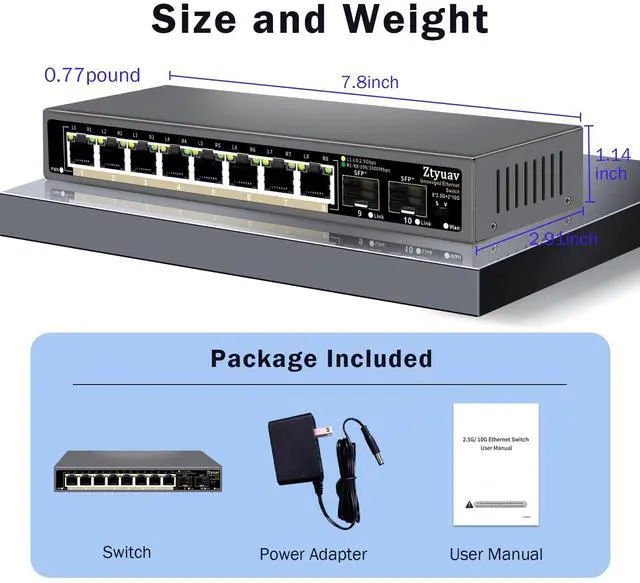 Alt view image 6 of 7 - 10 Port Unmanaged 2.5G Ethernet Switch with 8 x 2.5G RJ-45 Ports, 2 x 10G SFP+ Ports, Ports Speed Auto-Negotiation-100/1000/2500Mbps, One-Key VLAN, Fanless Metal Design, Plug & Play