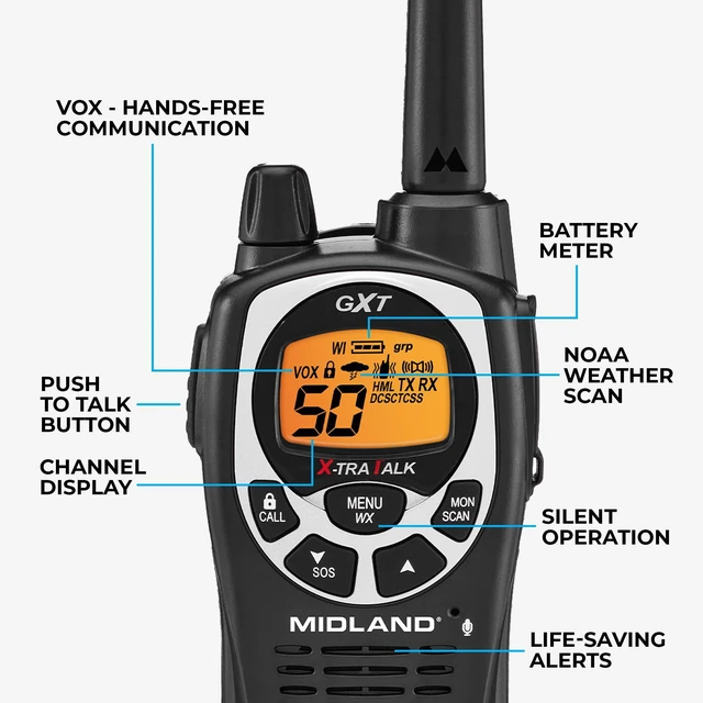 Alt view image 5 of 6 - Midland GXT1000AZ, GMRS Two Way Radio, Black, Single Pack | 50 Channels, 142 Privacy Codes, Up to 36 Mile Long Range, JIS4 Water Resistant, NOAA Weather Alert, Rechargeable NiMH