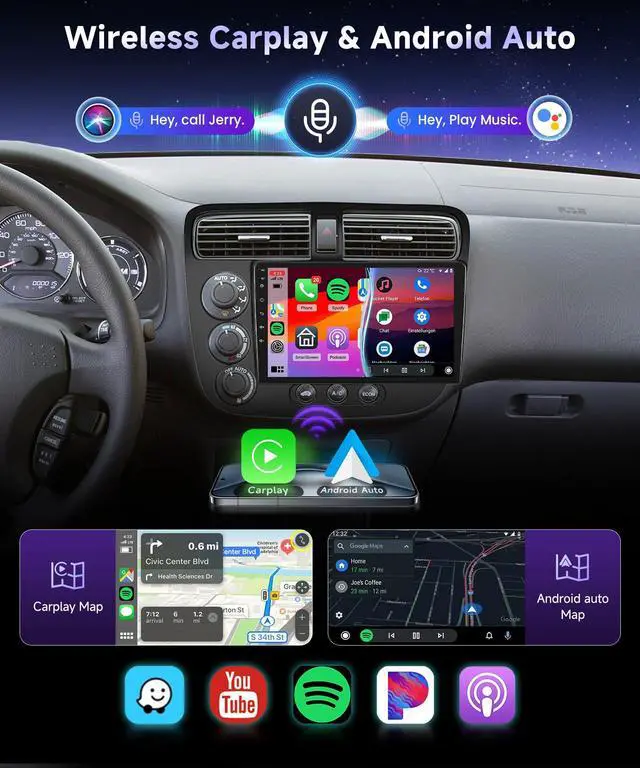 Alt view image 4 of 7 - Built-in DSP Car Stereo Radio for Honda Civic 2001 2002 2003 2004 2005 with Wireless CarPlay Android Auto MirrorLink  9 inch HD IPS Touch Screen Bluetooth GPS WiFi Backup Camera Mic