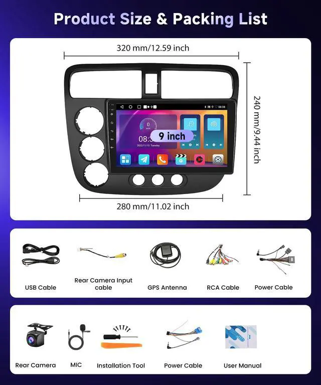 Alt view image 7 of 7 - Built-in DSP Car Stereo Radio for Honda Civic 2001 2002 2003 2004 2005 with Wireless CarPlay Android Auto MirrorLink  9 inch HD IPS Touch Screen Bluetooth GPS WiFi Backup Camera Mic