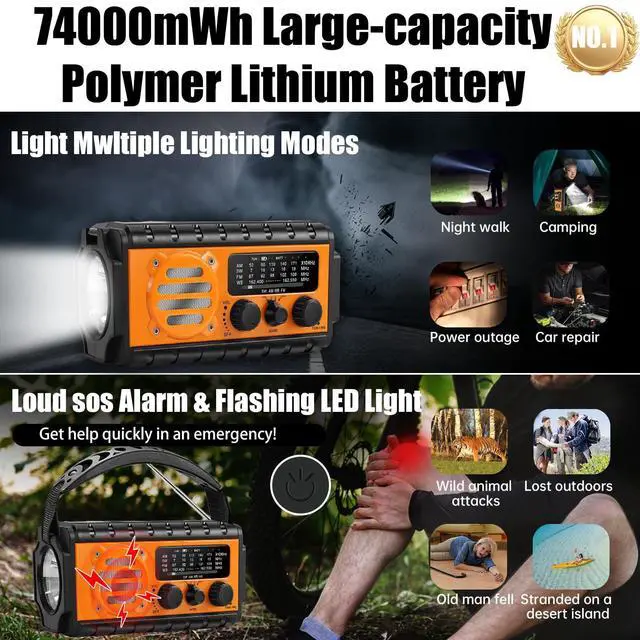 Alt view image 3 of 7 - _Mega Brand 74000mWh Emergency Radio with NOAA Weather, Portable Hand Crank SW/AM/FM Survival Radio with Fast Charge Rechargeable Solar Battery, Flashlight, Reading Lamp,SOS Sirenor Home Outdoor