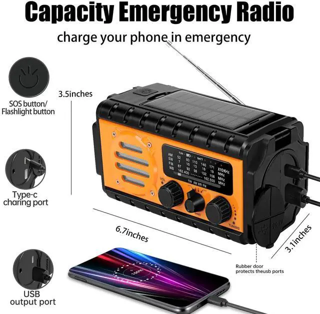 Alt view image 5 of 7 - _Mega Brand 74000mWh Emergency Radio with NOAA Weather, Portable Hand Crank SW/AM/FM Survival Radio with Fast Charge Rechargeable Solar Battery, Flashlight, Reading Lamp,SOS Sirenor Home Outdoor