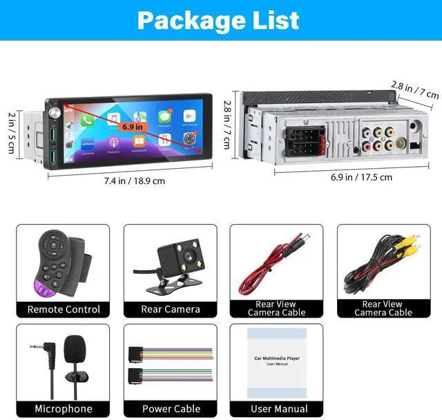 Alt view image 6 of 7 - Single Din Car Stereo with Apple Carplay Android Auto,6.9 Inch IPS Touch Screen Car Stereo with Backup Camera, Car Radio Support Mirror Link Bluetooth Handsfree FM AM USB EQ SWC