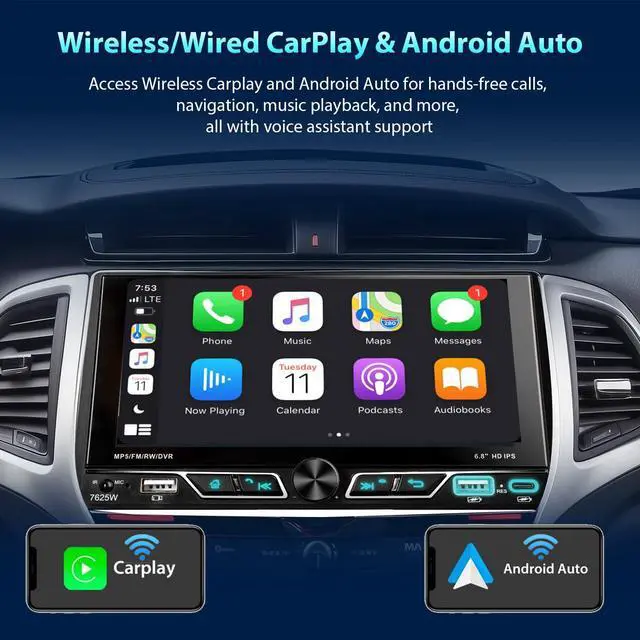 Alt view image 3 of 7 - Double Din Car Stereo Compatible with [Wireless] Apple CarPlay/Android Auto 6.8 Inch Touchscreen Bluetooth AM/FM Radio 2X USB (Both 2.1A Fast Charge) Backup Camera