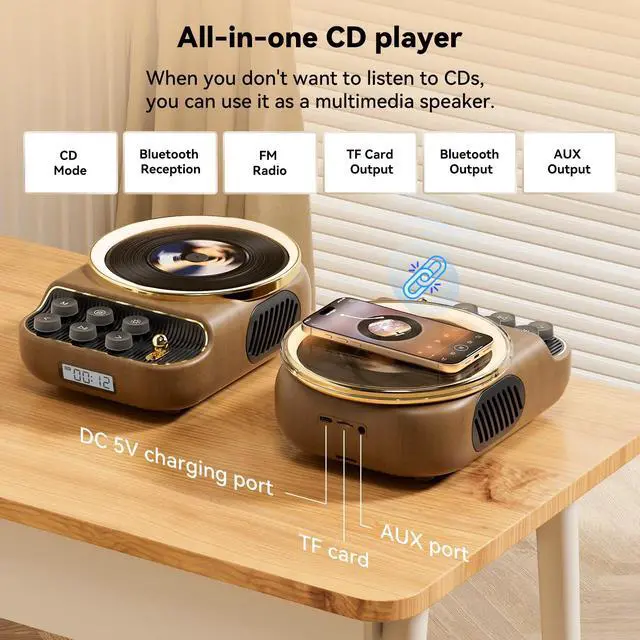 Alt view image 2 of 7 - Retro Portable CD Players with Bluetooth Speakers, FM Radio, Night Light, LCD Display, 4000 mAh Battery, Vintage Radio Built in Dual Speakers Supports USB/AUX/Type-C for Home, Gifts (Wood)