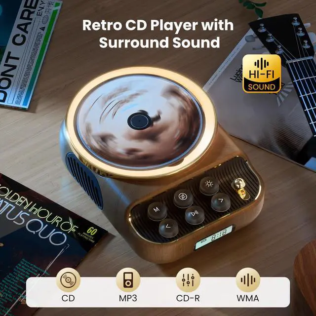 Alt view image 3 of 7 - Retro Portable CD Players with Bluetooth Speakers, FM Radio, Night Light, LCD Display, 4000 mAh Battery, Vintage Radio Built in Dual Speakers Supports USB/AUX/Type-C for Home, Gifts (Wood)