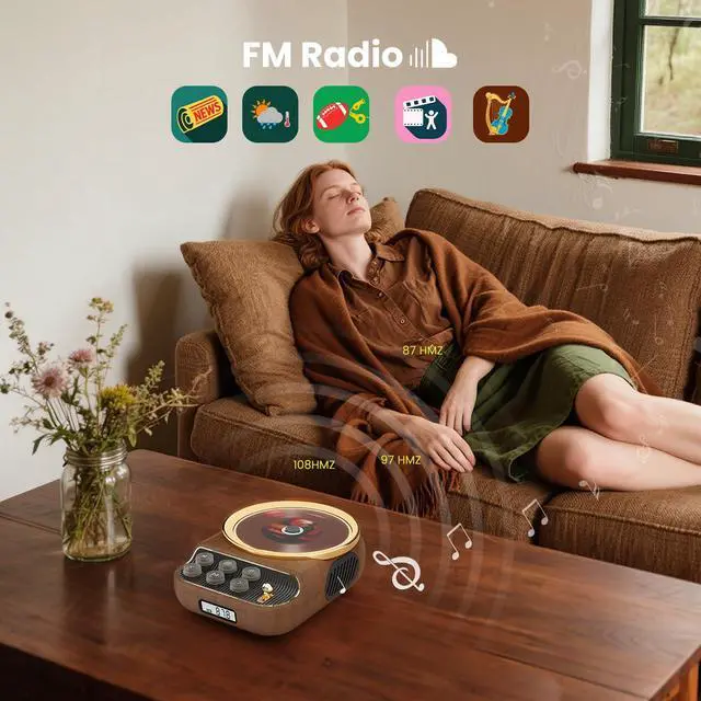 Alt view image 5 of 7 - Retro Portable CD Players with Bluetooth Speakers, FM Radio, Night Light, LCD Display, 4000 mAh Battery, Vintage Radio Built in Dual Speakers Supports USB/AUX/Type-C for Home, Gifts (Wood)