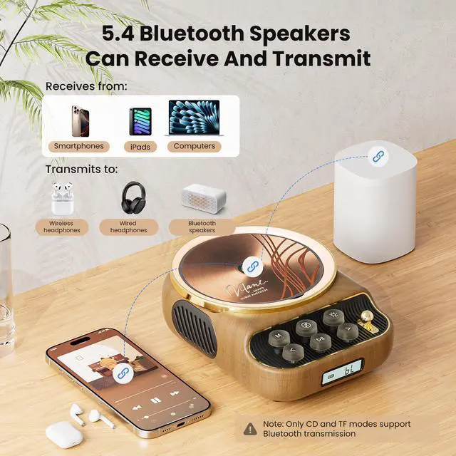 Alt view image 4 of 7 - Retro Portable CD Players with Bluetooth Speakers, FM Radio, Night Light, LCD Display, 4000 mAh Battery, Vintage Radio Built in Dual Speakers Supports USB/AUX/Type-C for Home, Gifts (Wood)