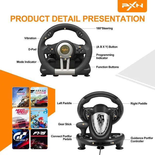 Alt view image 6 of 7 - Racing Wheel - Gaming Steering Wheel for PC, V3II 180 Degree Driving Wheel Volante PC Universal Usb Car Racing with Pedal for PS4, PC, PS3,Xbox Series X|S, Xbox One