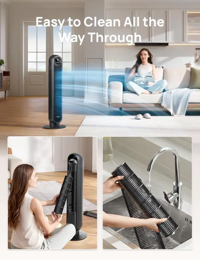 Alt view image 5 of 6 - Tower Fan for Bedroom, 25ft/s Velocity Quiet Floor Fan, 90° Oscillating Fans for Indoors with 4 Speeds, 4 Modes, 8H Timer, Standing Fans, Bladeless Fan, Black, Nomad One (DR-HTF007)