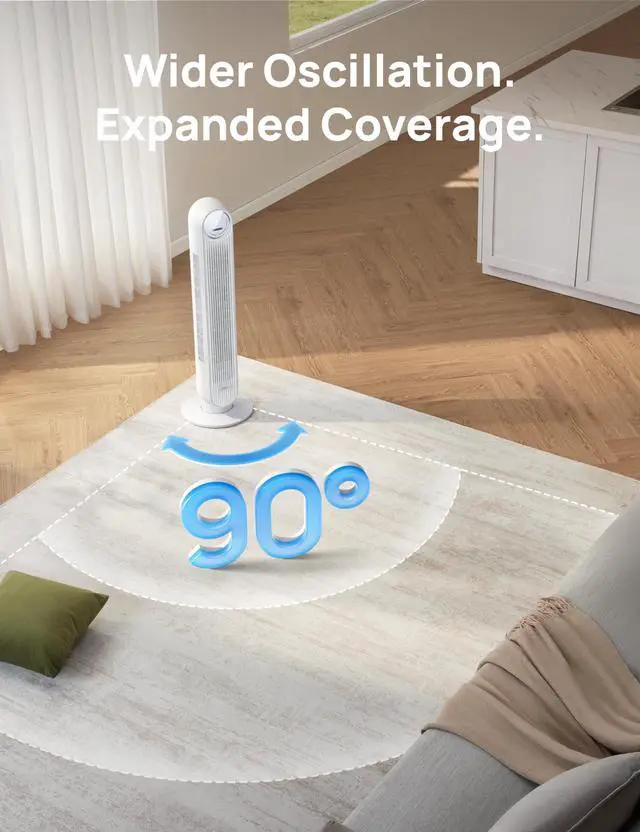 Alt view image 5 of 7 - Tower Fan for Bedroom, 25ft/s Smart Standing Fans, 90° Oscillating Floor Fan with 4 Modes, 4 Speeds, 8H Timer, 28dB, Bladeless, Remote, 28 dB, Works with WiFi Voice Control