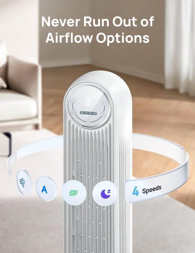 Alt view image 6 of 7 - Tower Fan for Bedroom, 25ft/s Smart Standing Fans, 90° Oscillating Floor Fan with 4 Modes, 4 Speeds, 8H Timer, 28dB, Bladeless, Remote, 28 dB, Works with WiFi Voice Control