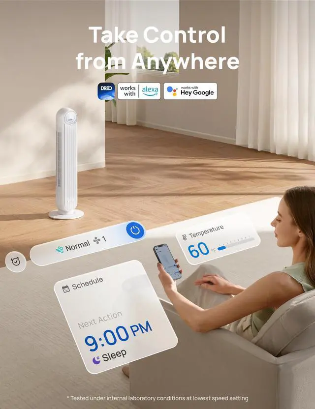 Alt view image 7 of 7 - Tower Fan for Bedroom, 25ft/s Smart Standing Fans, 90° Oscillating Floor Fan with 4 Modes, 4 Speeds, 8H Timer, 28dB, Bladeless, Remote, 28 dB, Works with WiFi Voice Control
