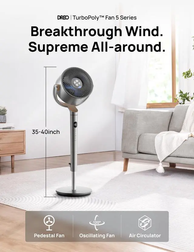 Alt view image 2 of 7 - Standing Fan, 120°+120°Omni-directional Oscillating Fan For Bedroom, 85 ft Circulator With Remote, DC Motor Quiet Pedestal Fans, Adjustable Height, 8 Speeds, 3 Modes, 8H Timer, Home, PolyFan 502