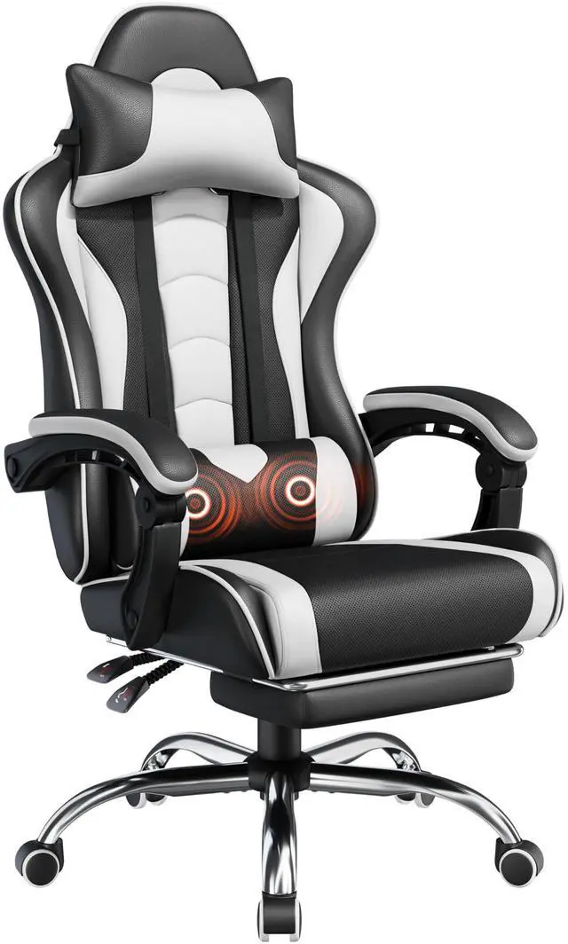 Main image of Gaming Chair, Video Game Chair with Massage Lumbar Support and Footrest Height Adjustable Ergonomic Computer Gaming Chair with Swivel Seat and Headrest, Black/White