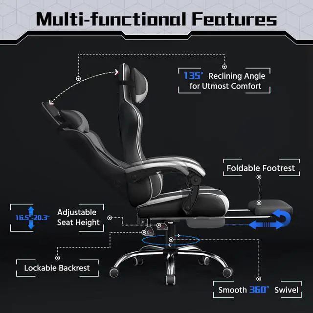 Alt view image 5 of 7 - Gaming Chair, Video Game Chair with Massage Lumbar Support and Footrest Height Adjustable Ergonomic Computer Gaming Chair with Swivel Seat and Headrest, Black/White