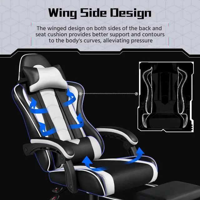 Alt view image 7 of 7 - Gaming Chair, Video Game Chair with Massage Lumbar Support and Footrest Height Adjustable Ergonomic Computer Gaming Chair with Swivel Seat and Headrest, Black/White