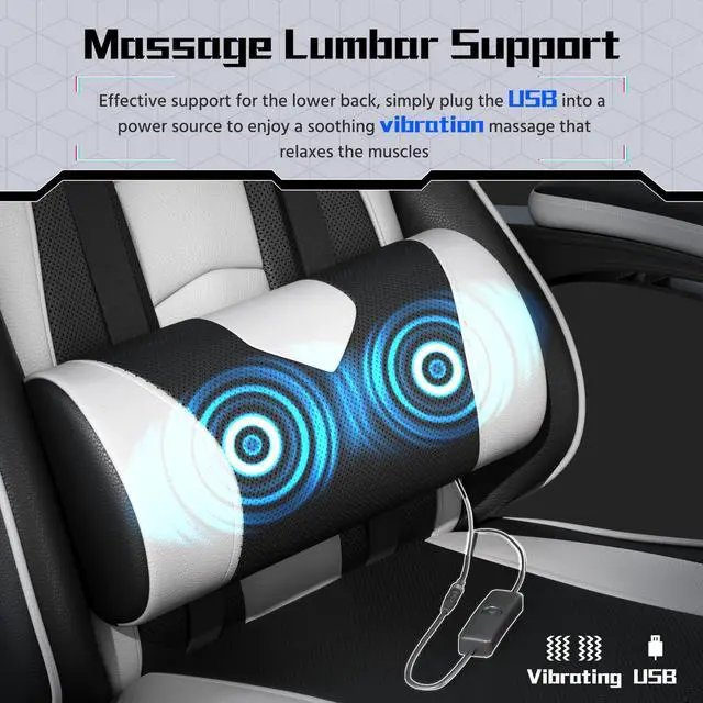 Alt view image 4 of 7 - Gaming Chair, Video Game Chair with Massage Lumbar Support and Footrest Height Adjustable Ergonomic Computer Gaming Chair with Swivel Seat and Headrest, Black/White