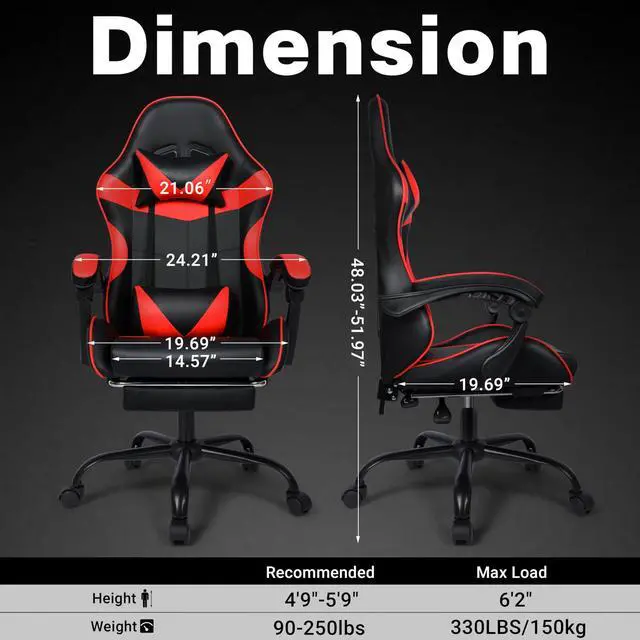 Alt view image 2 of 7 - Gaming Chair, Ergonomic Computer Office Chair with Footrest and Lumbar Support, Height Adjustable Desk Chair with 360° Swivel Seat and Headrest, Red & Black