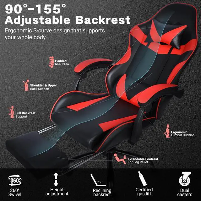 Alt view image 3 of 7 - Gaming Chair, Ergonomic Computer Office Chair with Footrest and Lumbar Support, Height Adjustable Desk Chair with 360° Swivel Seat and Headrest, Red & Black