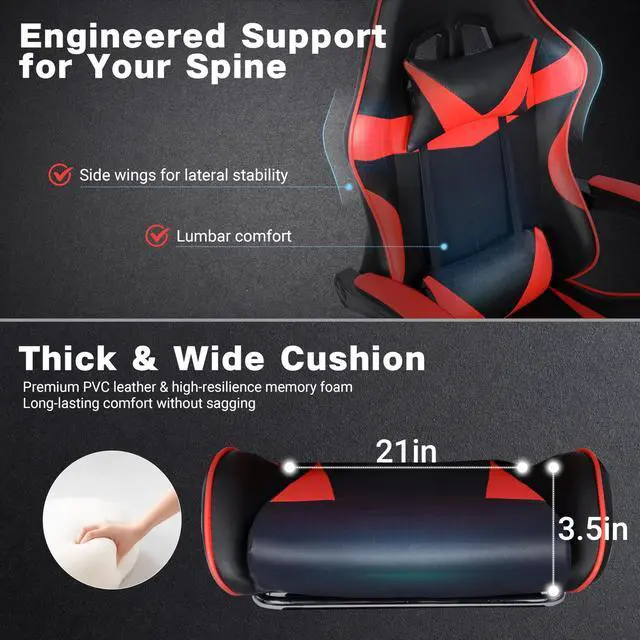 Alt view image 5 of 7 - Gaming Chair, Ergonomic Computer Office Chair with Footrest and Lumbar Support, Height Adjustable Desk Chair with 360° Swivel Seat and Headrest, Red & Black
