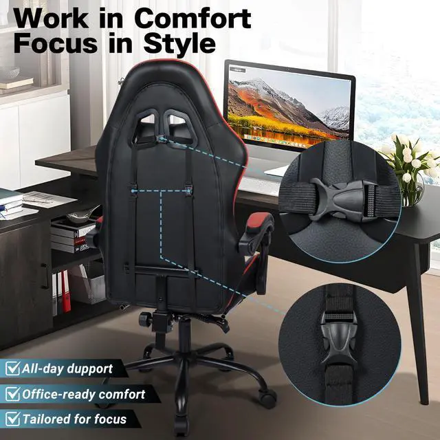 Alt view image 7 of 7 - Gaming Chair, Ergonomic Computer Office Chair with Footrest and Lumbar Support, Height Adjustable Desk Chair with 360° Swivel Seat and Headrest, Red & Black