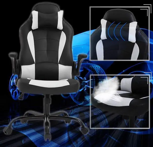 Alt view image 3 of 7 - PC Gaming Chair Ergonomic Office Chair Desk Chair with Lumbar Support Flip Up Arms Headrest PU Leather Executive High Back Computer Chair for Adults Women Men (White)