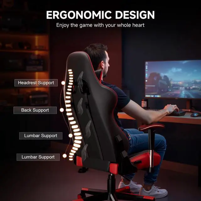 Alt view image 3 of 7 - Gaming Chair with Reclining Backrest, Adjustable Height and Swivel Base, Ergonomic Computer Chair with Headrest and Lumbar Support (Red)